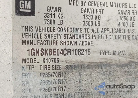 2012 Chevrolet Tahoe Lt z USA, uszkodzony, nr VIN 1GNSKBE04CR108216